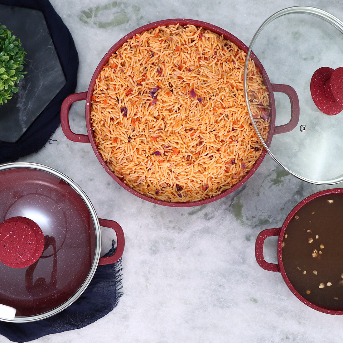 Wonderchef Granite Die-Cast Aluminum Non-Stick Casserole Pack of 3 with Lids, PFOA-free, Red, alternate product view 4