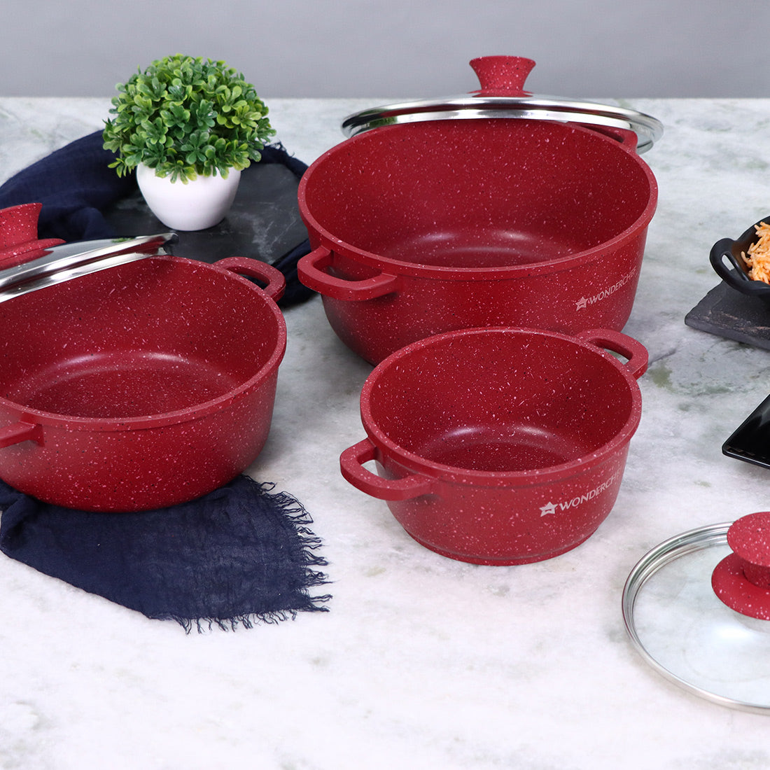 Wonderchef Granite Die-Cast Aluminum Non-Stick Casserole Pack of 3 with Lids, PFOA-free, Red, alternate product view 5