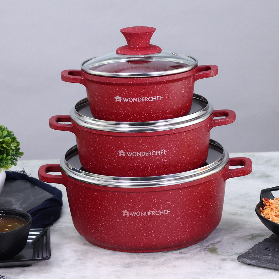 Wonderchef Granite Die-Cast Aluminum Non-Stick Casserole Pack of 3 with Lids, PFOA-free, Red