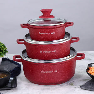 Wonderchef Granite Die-Cast Aluminum Non-Stick Casserole Pack of 3 with Lids, PFOA-free, Red