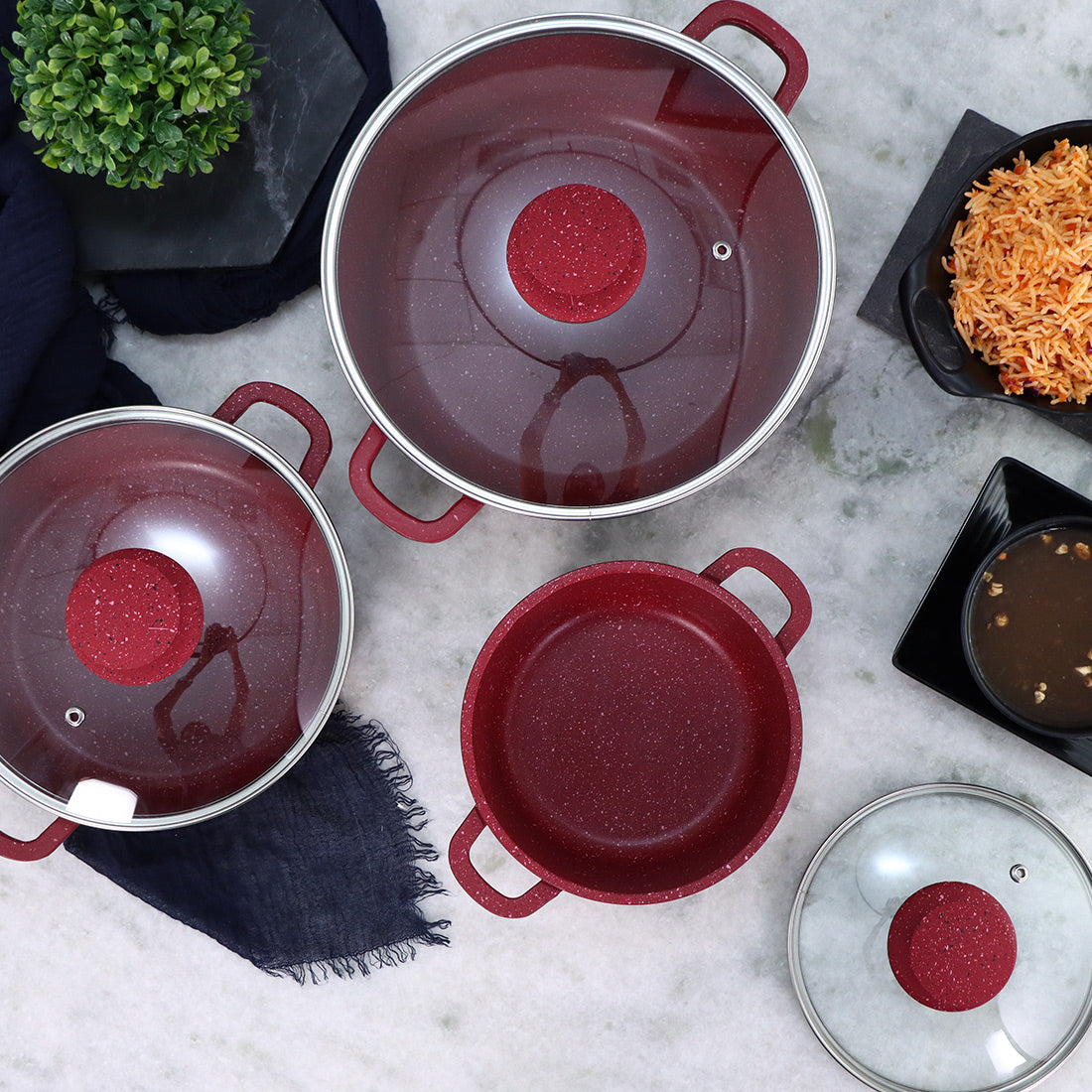 Wonderchef Granite Die-Cast Aluminum Non-Stick Casserole Pack of 3 with Lids, PFOA-free, Red, top view