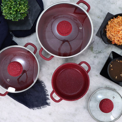 Wonderchef Granite Die-Cast Aluminum Non-Stick Casserole Pack of 3 with Lids, PFOA-free, Red, top view