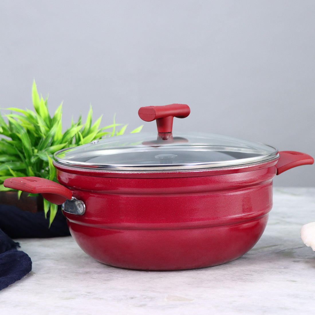 Wonderchef Non-Stick Multi-Kadai All-in-1 Pan Wok Pot and Idli Steamer Combo, 5-piece Pack, Red, alternate product view 2