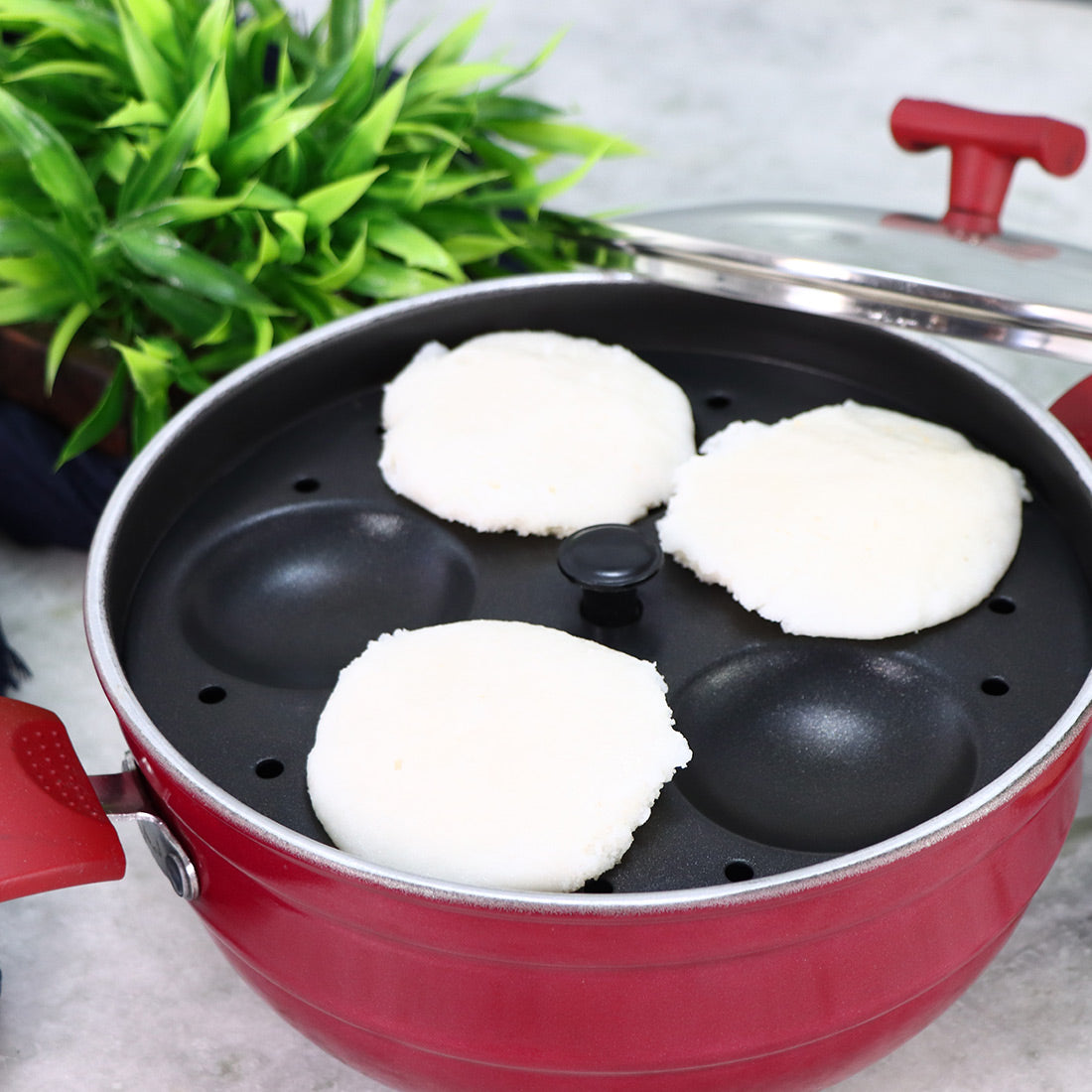 Wonderchef Non-Stick Multi-Kadai All-in-1 Pan Wok Pot and Idli Steamer Combo, 5-piece Pack, Red, alternate product view 3