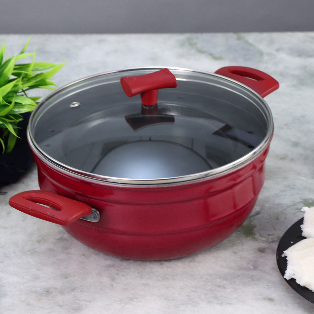 Wonderchef Non-Stick Multi-Kadai All-in-1 Pan Wok Pot and Idli Steamer Combo, 5-piece Pack, Red, alternate product view 4