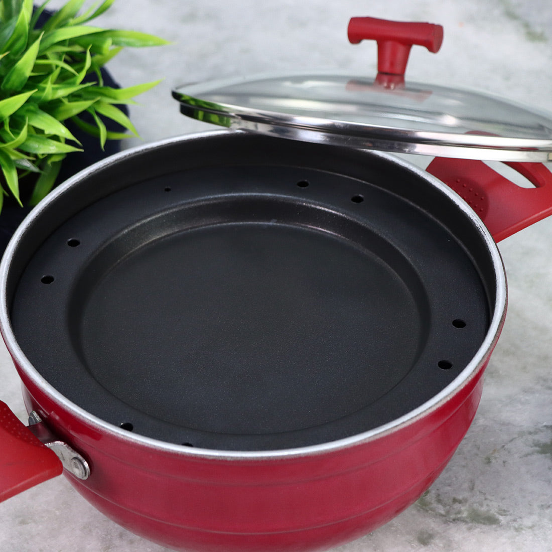 Wonderchef Non-Stick Multi-Kadai All-in-1 Pan Wok Pot and Idli Steamer Combo, 5-piece Pack, Red, alternate product view 5