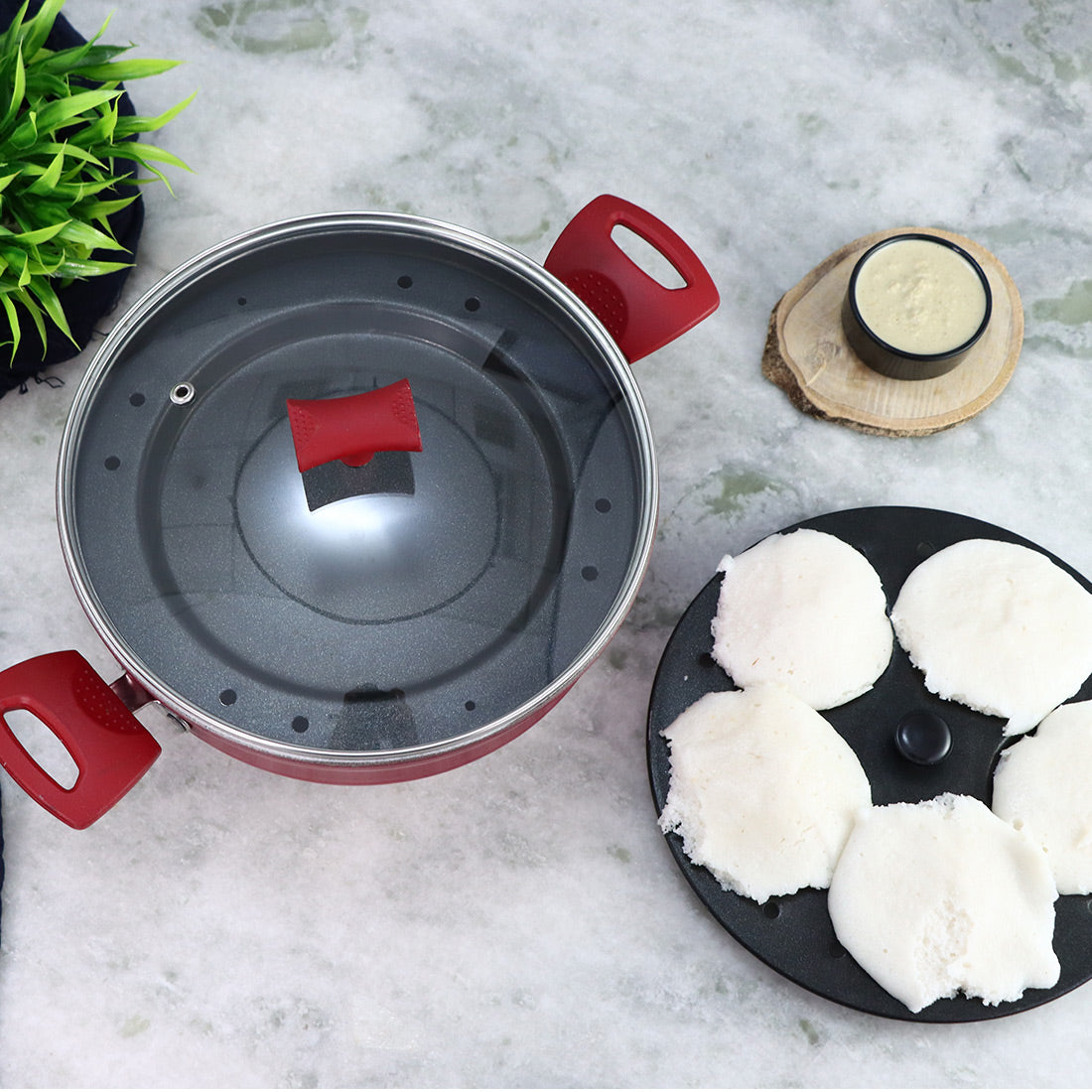 Wonderchef Non-Stick Multi-Kadai All-in-1 Pan Wok Pot and Idli Steamer Combo, 5-piece Pack, Red, alternate product view 6
