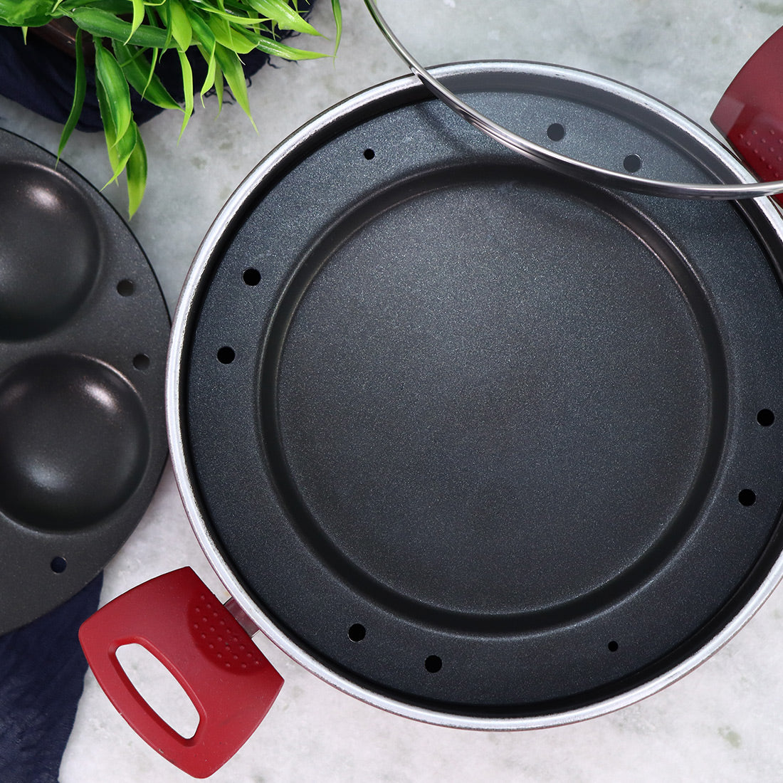 Wonderchef Non-Stick Multi-Kadai All-in-1 Pan Wok Pot and Idli Steamer Combo, 5-piece Pack, Red, alternate product view 7