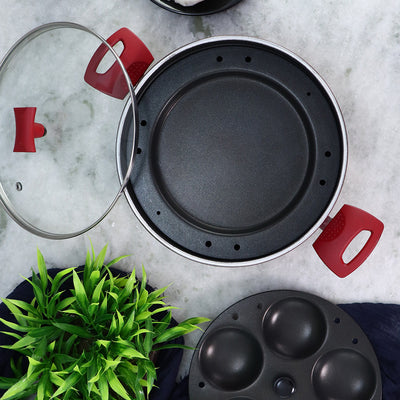 Wonderchef Non-Stick Multi-Kadai All-in-1 Pan Wok Pot and Idli Steamer Combo, 5-piece Pack, Red