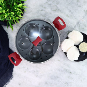 Wonderchef Non-Stick Multi-Kadai All-in-1 Pan Wok Pot and Idli Steamer Combo, 5-piece Pack, Red, top view