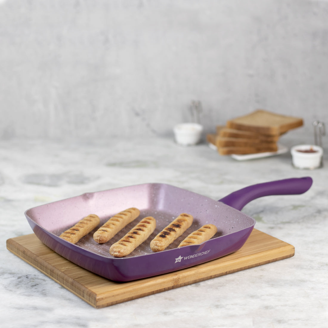Wonderchef Royal Velvet Non-Stick PFOA-Free Aluminum Grill Pan, 20cm, Violet, kitchen lifestyle view