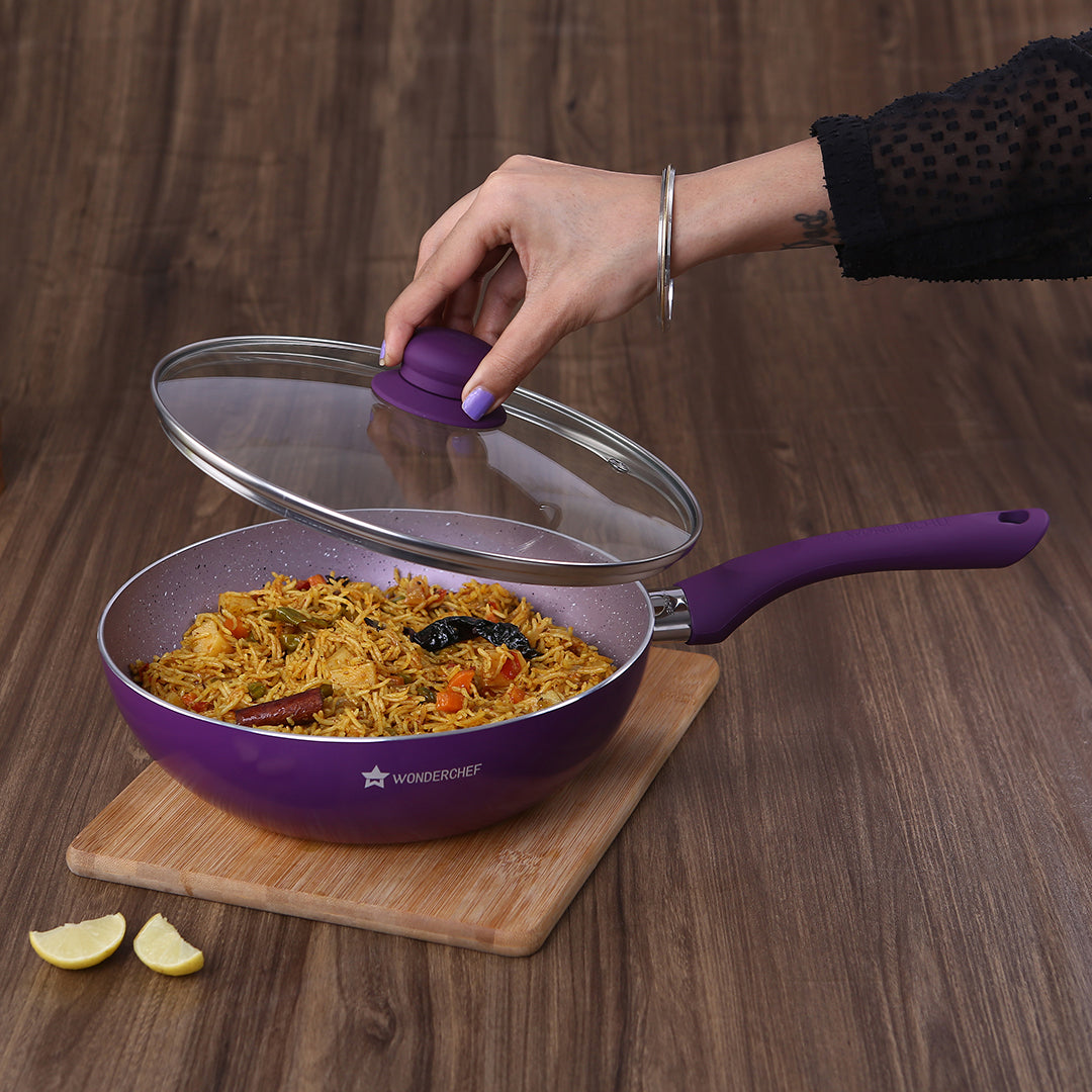 Wonderchef Royal Velvet Forged Non-Stick PFOA-Free Aluminum Stir Fry Wok with Lid, Purple, 24cm, alternate product view 2