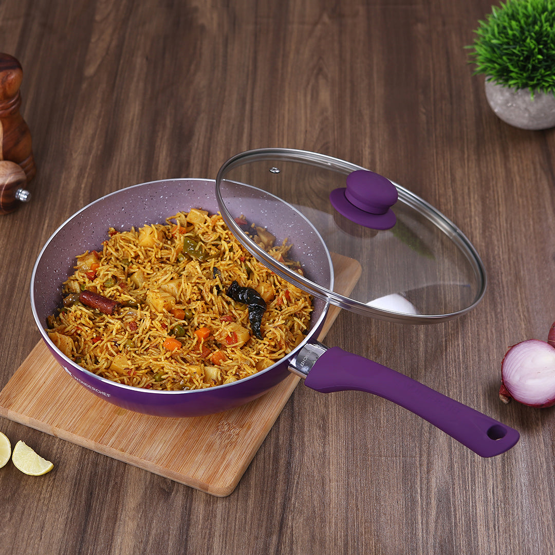 Wonderchef Royal Velvet Forged Non-Stick PFOA-Free Aluminum Stir Fry Wok with Lid, Purple, 24cm, alternate product view 3