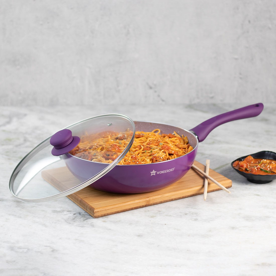 Wonderchef Royal Velvet Forged Non-Stick PFOA-Free Aluminum Stir Fry Wok with Lid, Purple, 24cm, alternate product view 5
