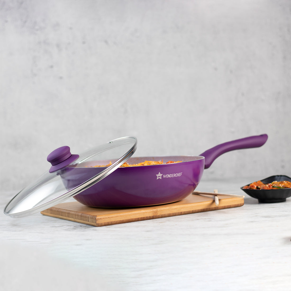 Wonderchef Royal Velvet Forged Non-Stick PFOA-Free Aluminum Stir Fry Wok with Lid, Purple, 24cm, alternate product view 6