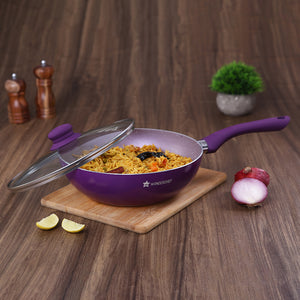 Wonderchef Royal Velvet Forged Non-Stick PFOA-Free Aluminum Stir Fry Wok with Lid, Purple, 24cm