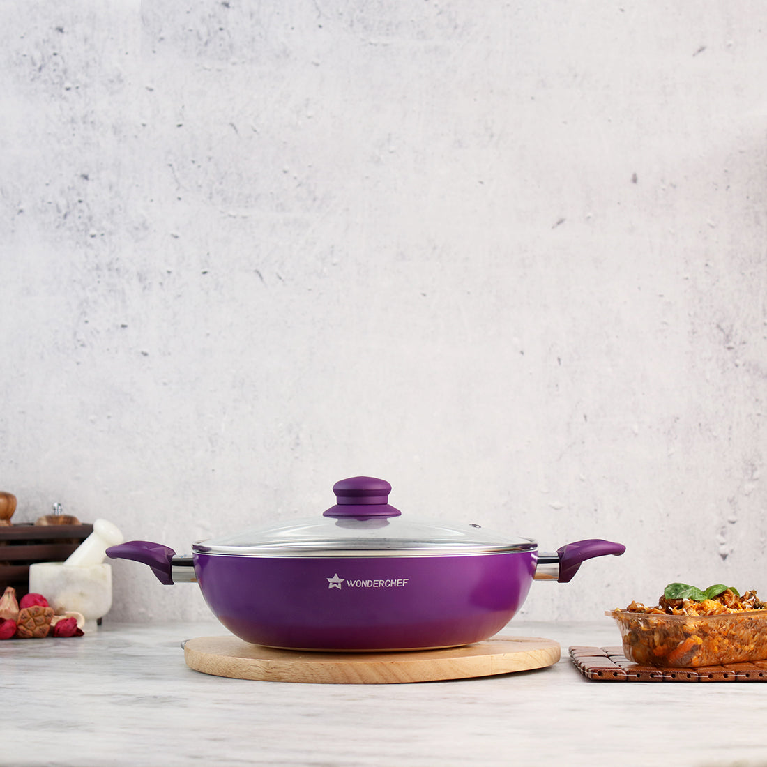 Wonderchef Royal Velvet Non-Stick PFOA-Free Aluminum Stir Fry Wok with Lid, Violet, side view 2