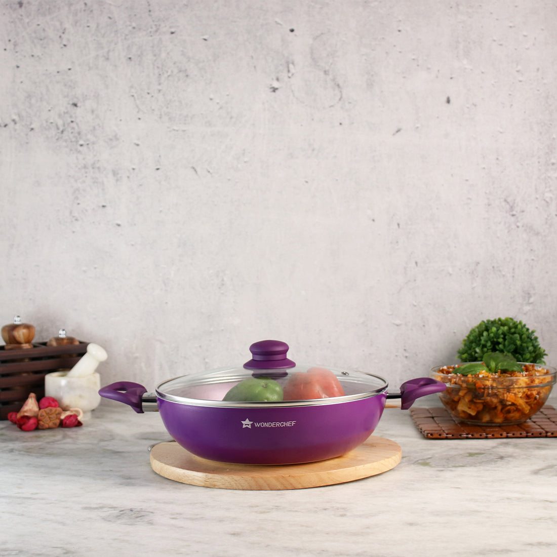 Wonderchef Royal Velvet Non-Stick PFOA-Free Aluminum Stir Fry Wok with Lid, Violet, side view 3