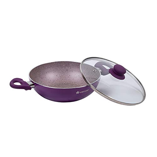 Wonderchef Royal Velvet Non-Stick PFOA-Free Aluminum Stir Fry Wok with Lid, Violet, side view with lid removed