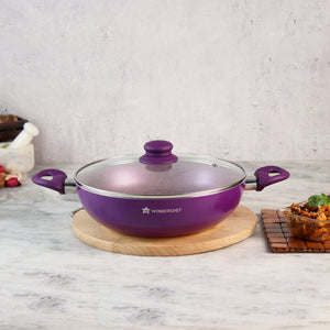 Wonderchef Royal Velvet Non-Stick PFOA-Free Aluminum Stir Fry Wok with Lid, Violet, side view