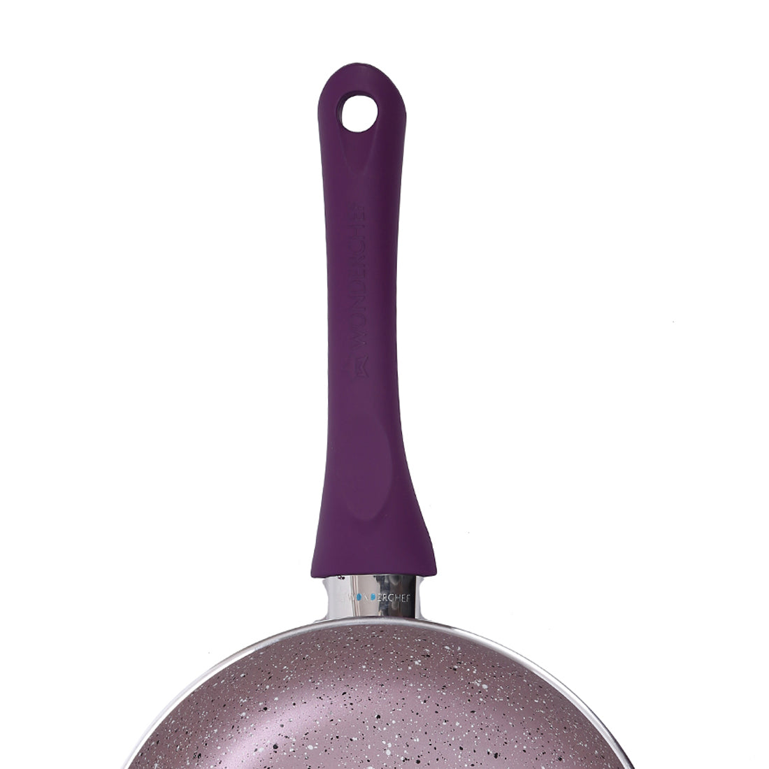 Wonderchef Royal Velvet Non-Stick PFOA-Free Aluminum Fry Pan Skillet Tawa, Violet, handle detail