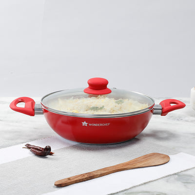 Wonderchef Royal Velvet Non-Stick PFOA-Free Aluminum Stir Fry Wok with 2 Handles and Lid, Red, 24cm, 26cm, alternate product view 2