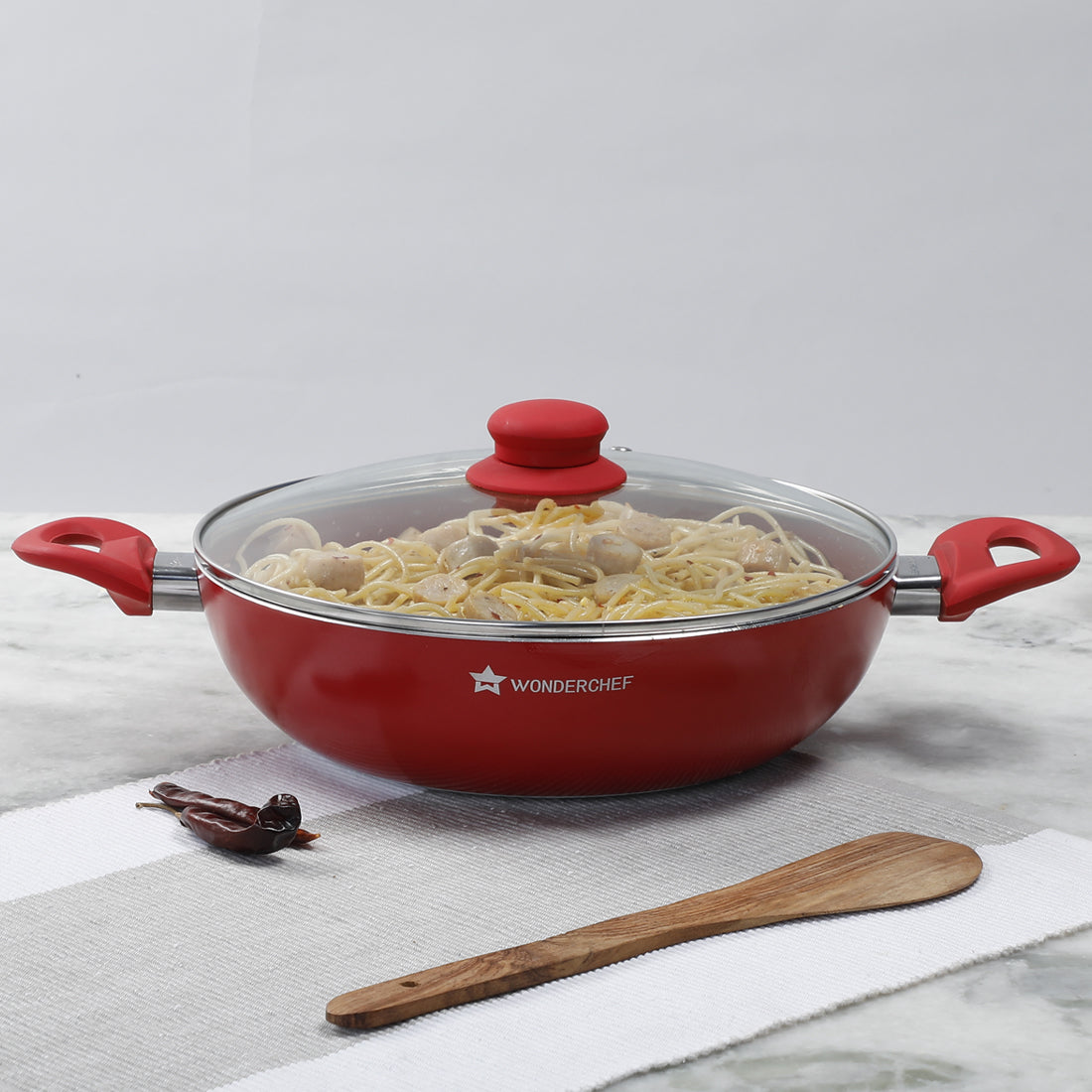 Wonderchef Royal Velvet Non-Stick PFOA-Free Aluminum Stir Fry Wok with 2 Handles and Lid, Red, 24cm, 26cm, alternate product view 3