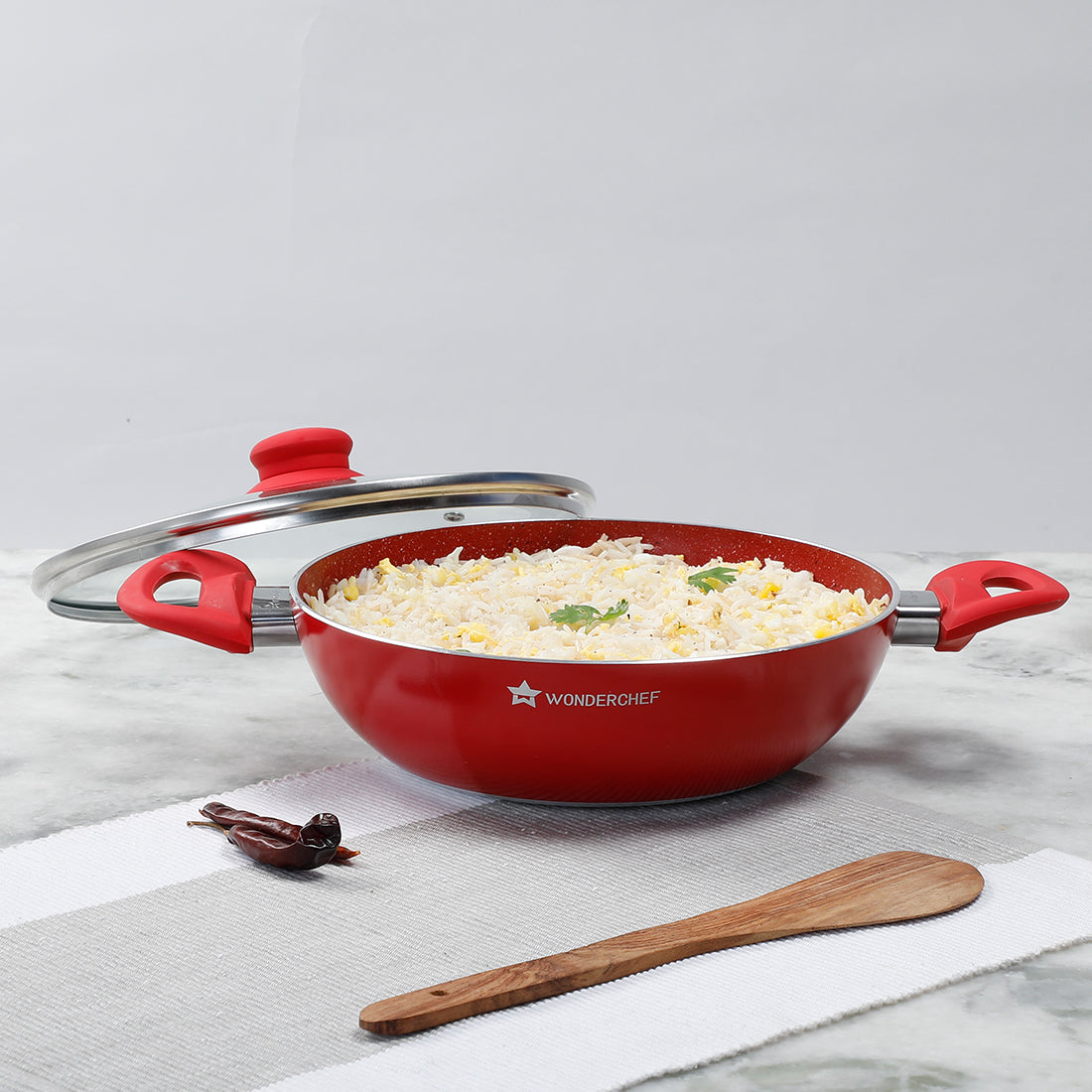 Wonderchef Royal Velvet Non-Stick PFOA-Free Aluminum Stir Fry Wok with 2 Handles and Lid, Red, 24cm, 26cm, alternate product view 4
