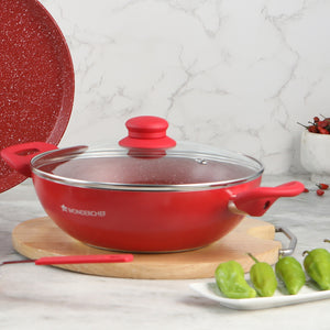 Wonderchef Royal Velvet Non-Stick PFOA-Free Aluminum Stir Fry Wok with 2 Handles and Lid, Red, 24cm, 26cm
