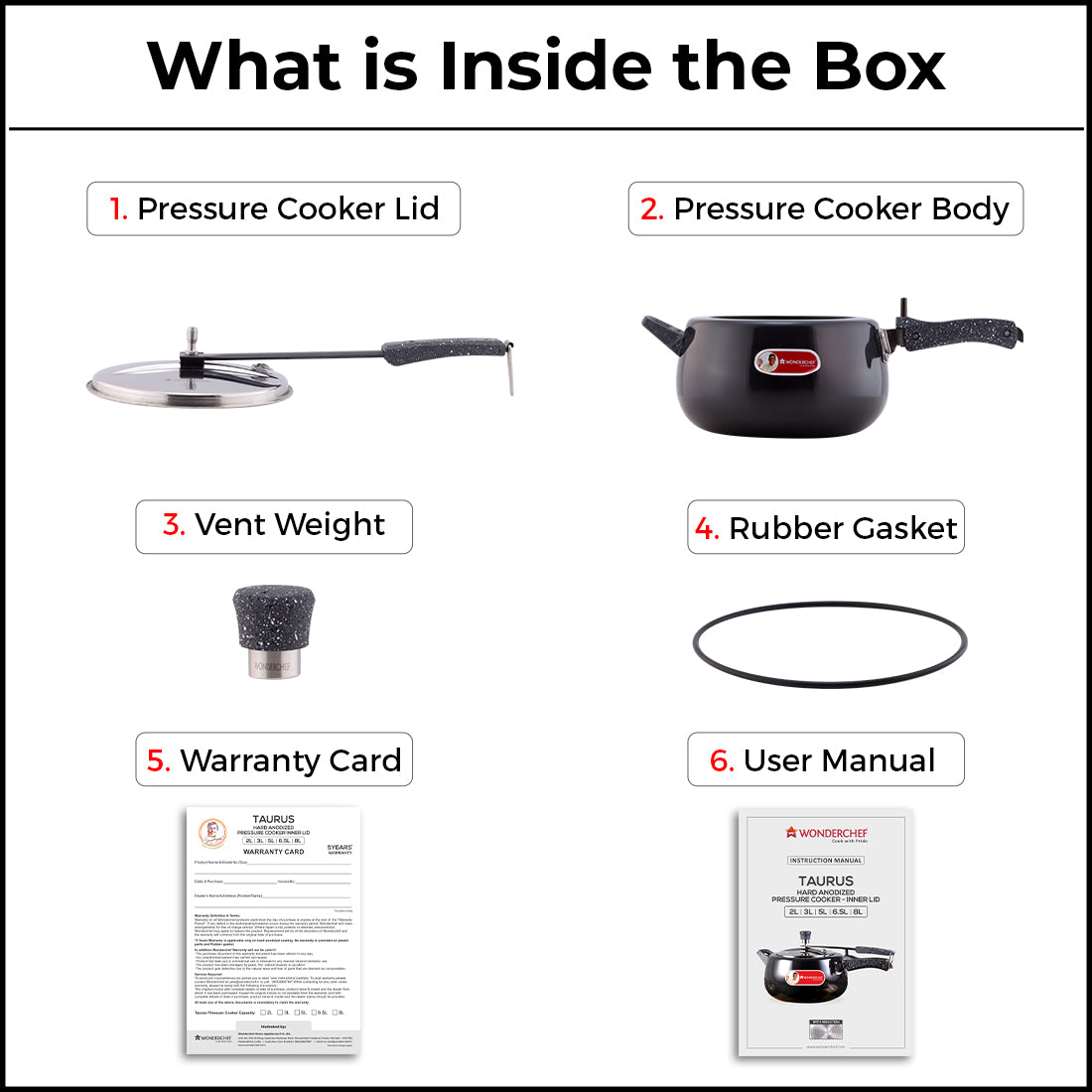 Wonderchef Taurus Hard Anodized Aluminum Inner Lid Pressure Cooker, product guide