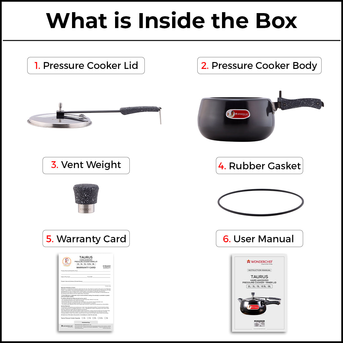 Wonderchef Taurus Hard Anodized Aluminum Inner Lid Pressure Cooker, product guide
